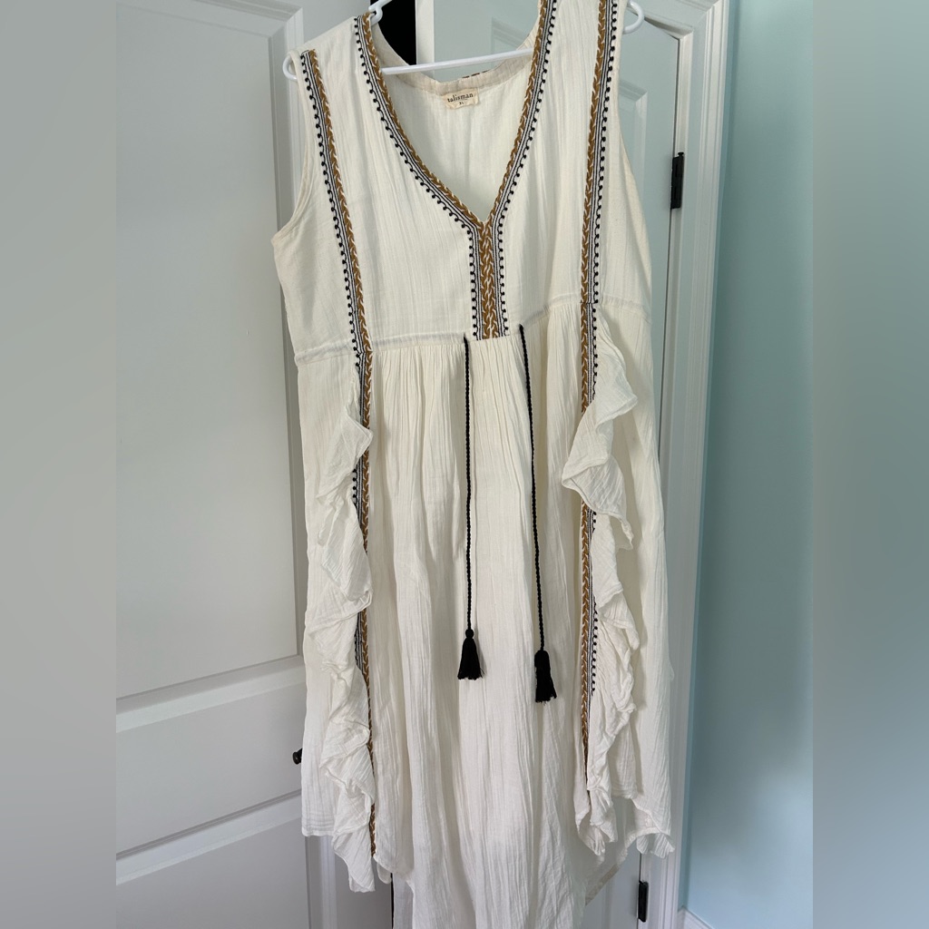 Cream High-Low Maxi Dress With Gold And Black Embroidery.